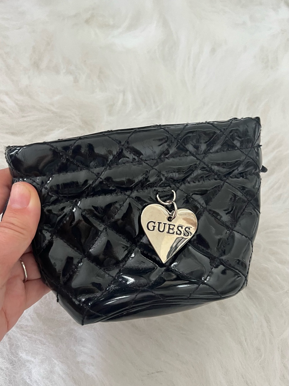 GUESS Black Quilted Patent Cosmetic Pouch with Heart Logo Charm
